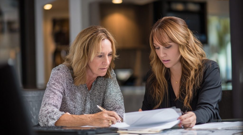 Two women writing together at a kitchen counter, representing a contempt filing in Sandalfoot Cove