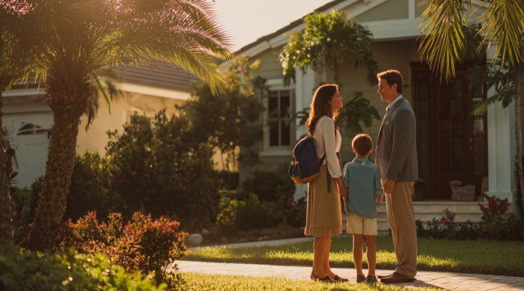 Family of three outside a light-coloured home framed by palms, representing a Delray Beach parenting plan