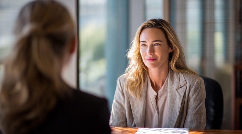 Attorney in a beige blazer meeting a client at a desk, on choosing the right divorce lawyer