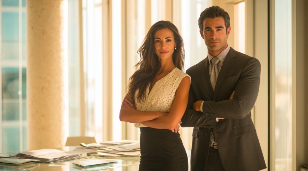 Two people standing with arms crossed at a glass desk before floor-to-ceiling windows, representing division of business assets