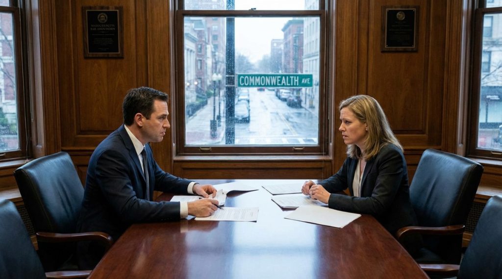 Two people at a long table in a wood-panelled room overlooking Commonwealth Avenue, representing a contested Woburn divorce