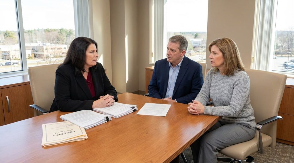 Three people reviewing binders at a conference table beside a window, representing property division in a Woburn divorce