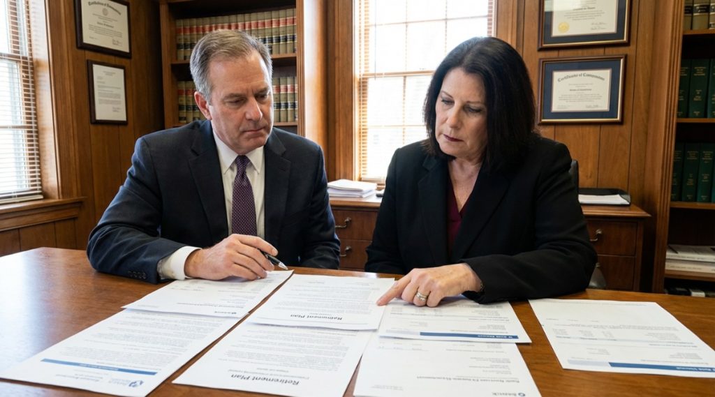 Two people in suits signing documents at a desk before framed certificates, representing division of retirement accounts