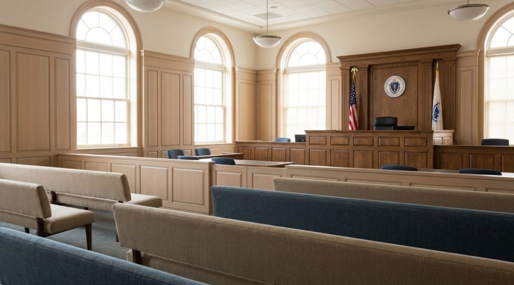 Empty wood-panelled courtroom with the judge's bench and pews, representing a Massachusetts divorce hearing