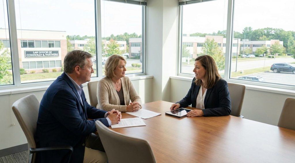 Three people at a conference table beside corner windows, showing what to expect in a Woburn divorce