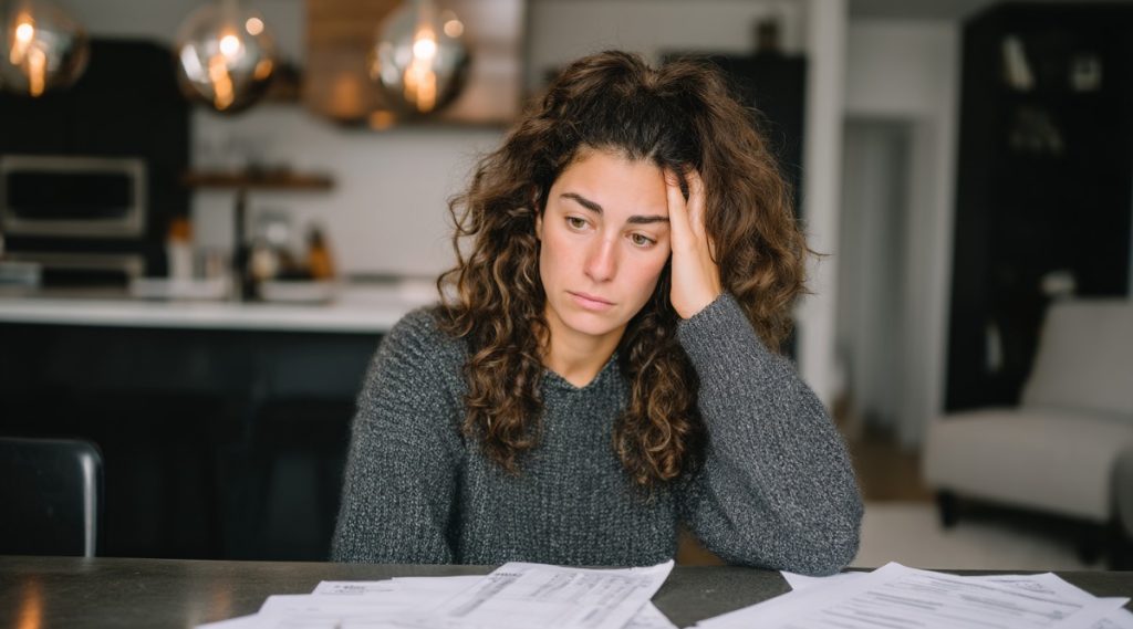 Woman resting her head on her hand over paperwork at a kitchen table, representing a violated court order