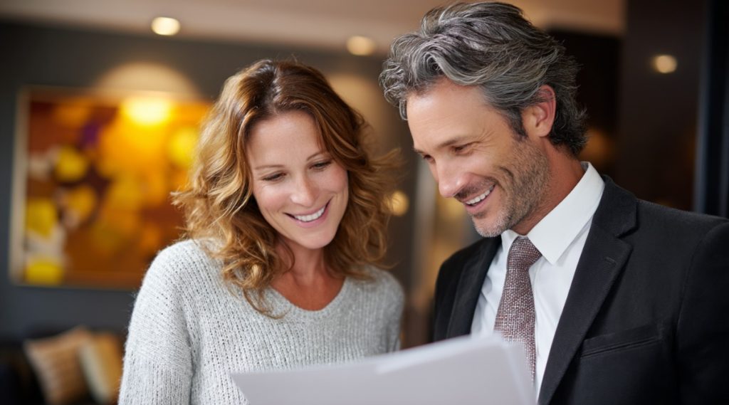 Couple smiling over a shared document in a warmly lit lounge, representing prenuptial agreements and second marriages