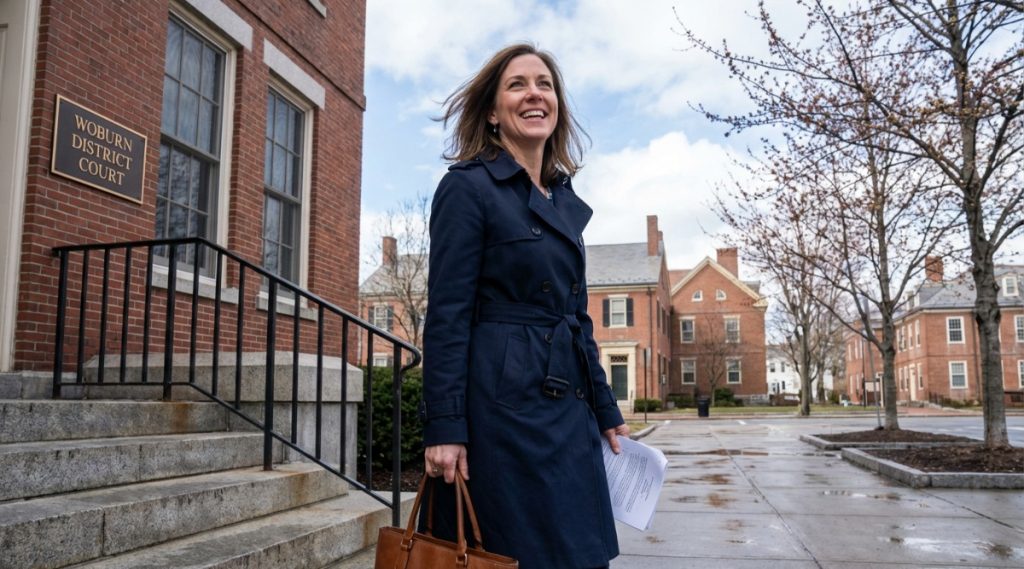 Woman carrying case papers past a brick courthouse building in Woburn, Massachusetts among bare winter trees