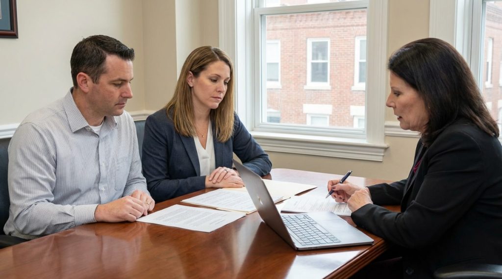 Three people meeting at a table with a laptop beside a window, representing protecting a business during divorce