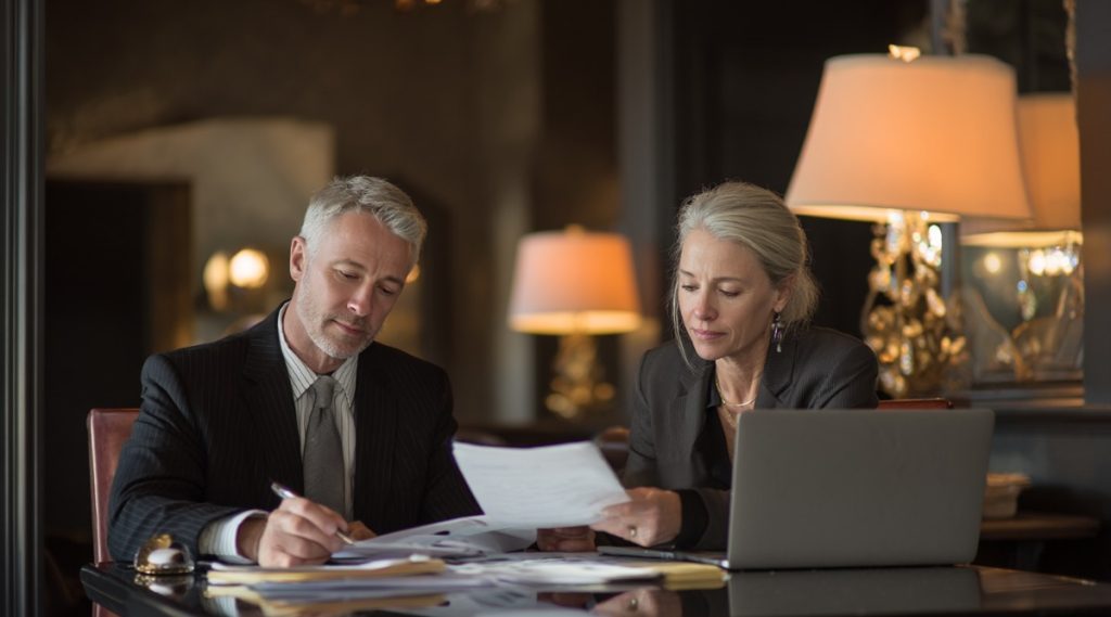 Older couple reviewing documents at a table with a laptop and lamps, preparing financially for divorce