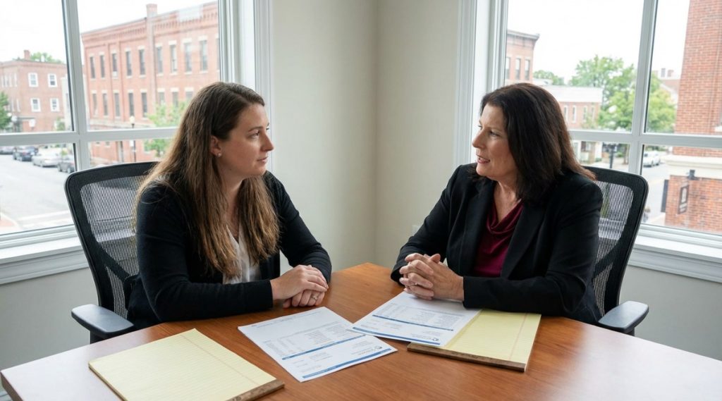 Two people reviewing files at a conference table beside a window, on understanding alimony in Woburn