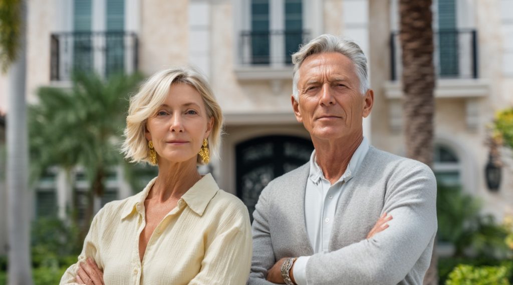 Older couple outside a large stucco home with palms and iron balconies, representing who gets the house in a Florida divorce