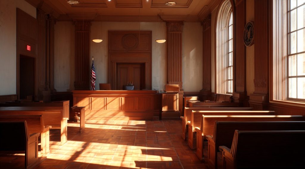 Empty wood-panelled courtroom with the judge's bench, flags and arched windows, representing the Woburn Probate and Family Court