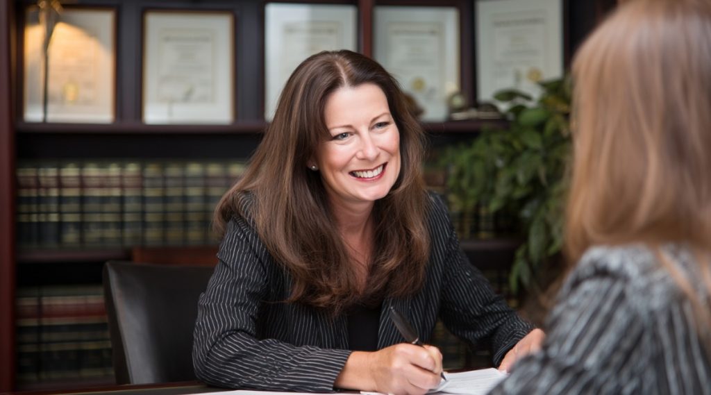 Attorney writing on a document before a bookshelf of law books, answering common Woburn divorce questions