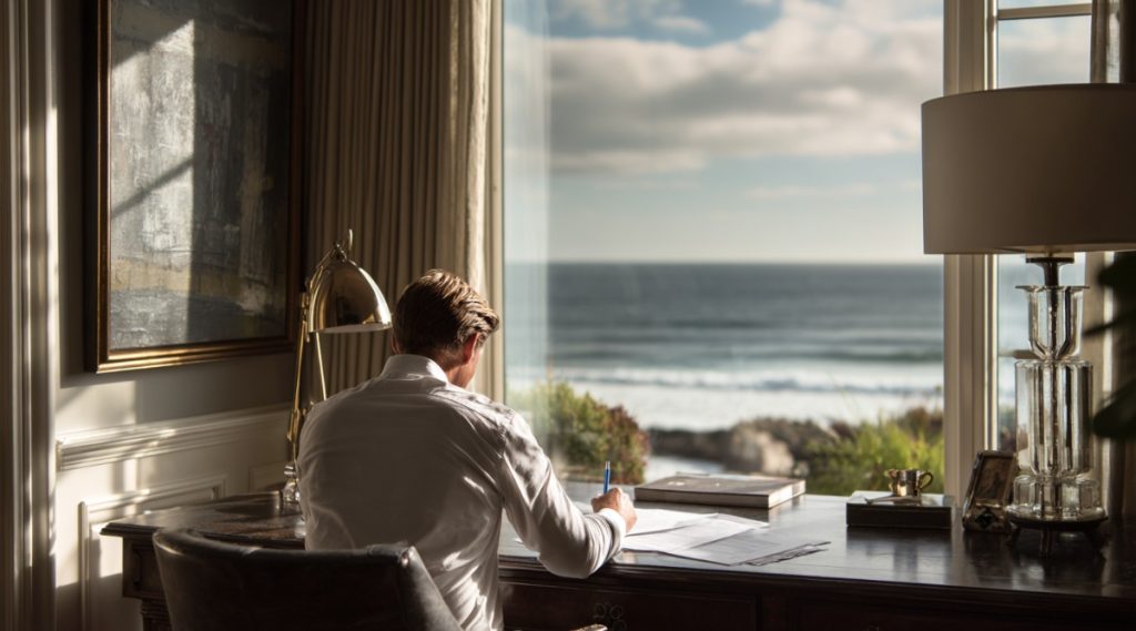 Man writing at a desk beside a window overlooking an ocean beach, on whether trusts are protected in divorce