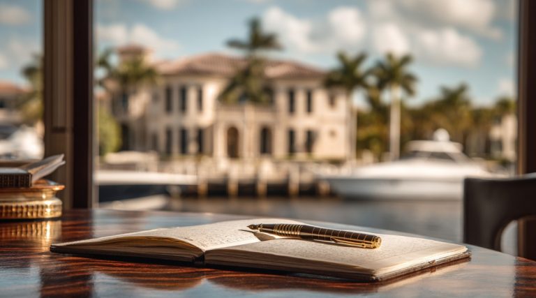 Notebook and pen on a table with a waterfront mansion and palms beyond, on dividing Florida real estate in a Massachusetts divorce