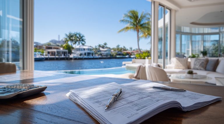 Paperwork and pen on a table in a sunlit room overlooking a pool and waterfront houses, on investment and vacation properties in divorce