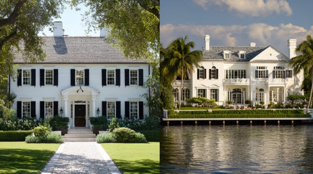 Split image of two white colonial mansions, one with a lawn and one with palms and a waterfront, on dividing multiple homes