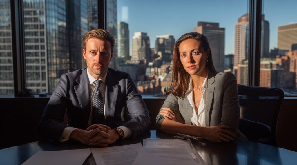 Two people at a glass table before windows overlooking a city skyline, on how courts decide jurisdiction
