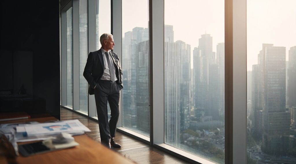 Older man at floor-to-ceiling office windows at sunset above a city skyline, on what executives should know before divorce