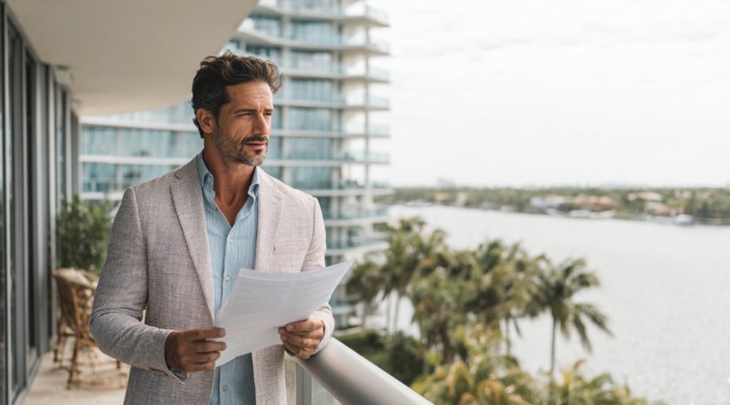 Man on a balcony holding papers above the water beside a high-rise condo tower and palms, on Florida residency requirements