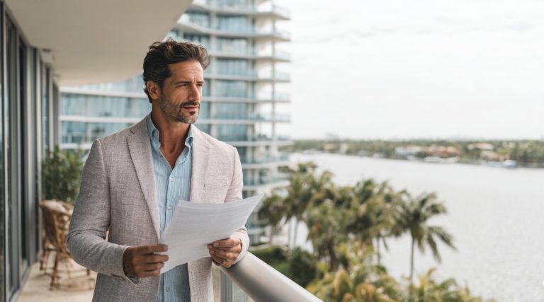 Man on a balcony holding papers above the water beside a high-rise condo tower and palms, on Florida residency requirements
