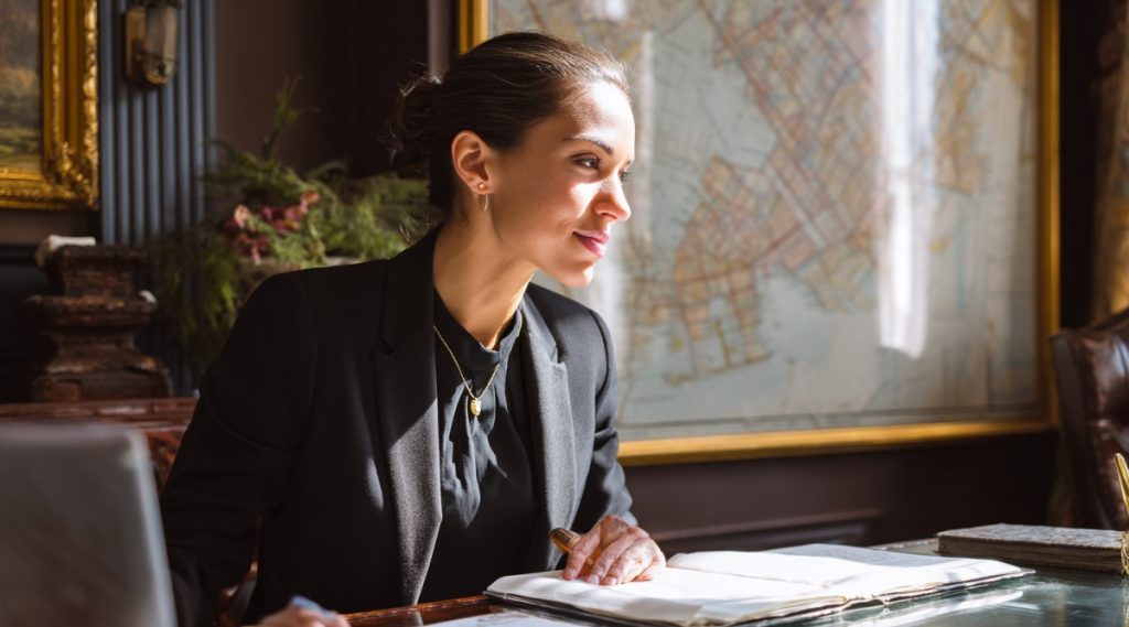 Woman at a desk before a large wall map, on what forum shopping means in a divorce
