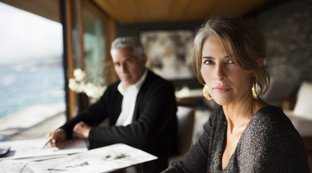 Couple meeting beside a window with an ocean view while documents are reviewed, on how high net worth divorce differs