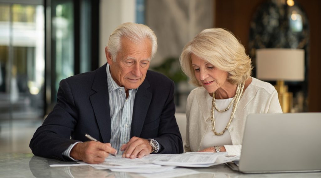 Older couple at a glass table, one signing a document and one reviewing a laptop, on which state to file for divorce in