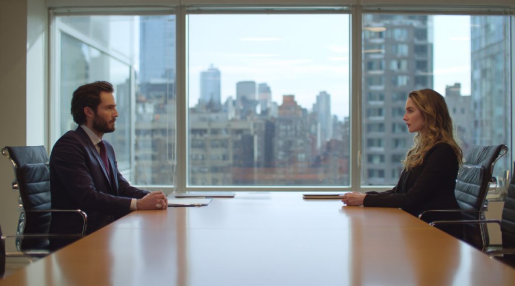 Two people seated opposite each other at a long conference table before a city skyline, on competing divorce filings
