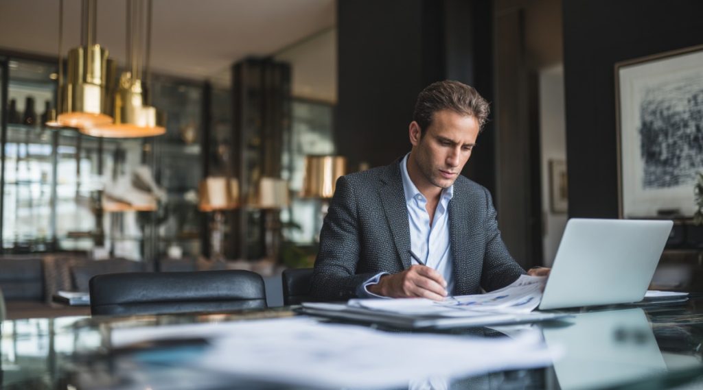 Man reviewing papers alone at a glass table under pendant lights, on assets commonly overlooked in divorce
