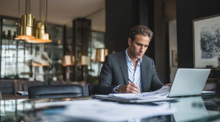 Man reviewing papers alone at a glass table under pendant lights, on assets commonly overlooked in divorce