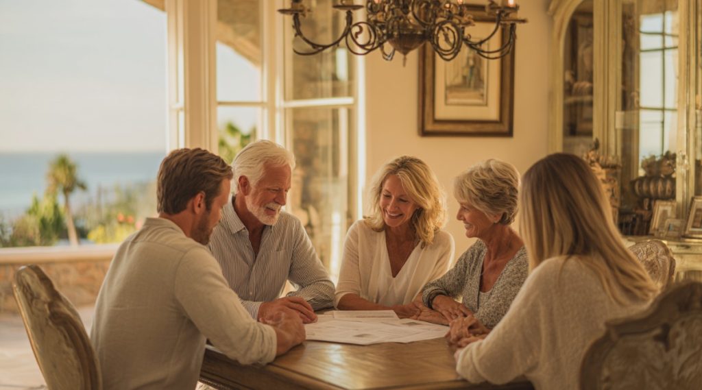 Five people meeting around a table under a chandelier with an ocean view beyond, on protecting generational wealth