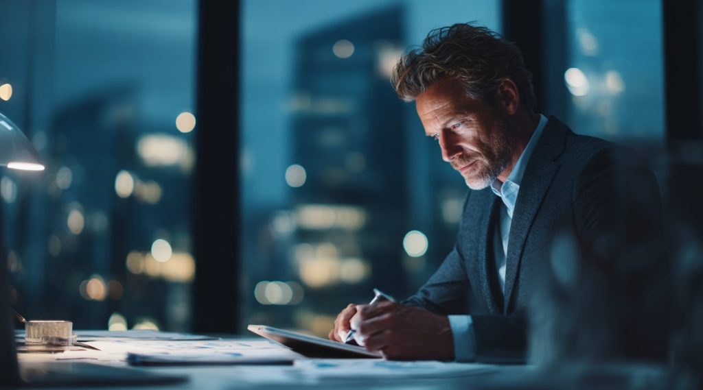 Man in a suit working at a desk at night with city lights behind him, on stock options, RSUs and deferred compensation