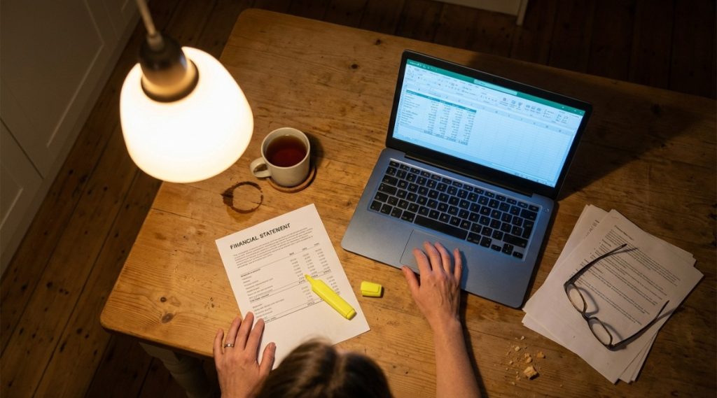 Overhead view of hands on a laptop spreadsheet beside a financial statement, on what divorce mediation costs