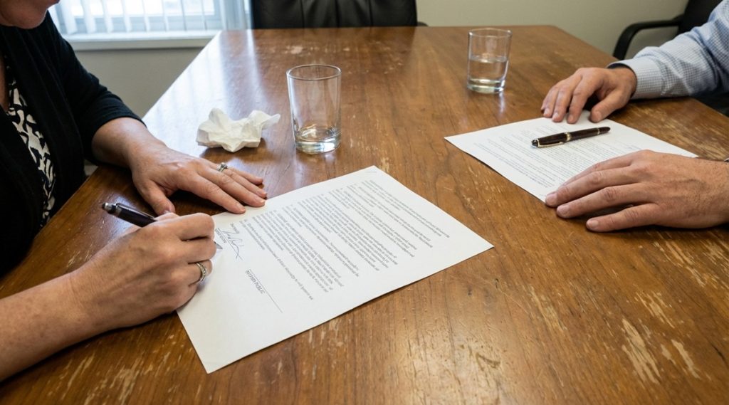 Two people signing a printed agreement at a table, on whether divorce mediation is legally binding