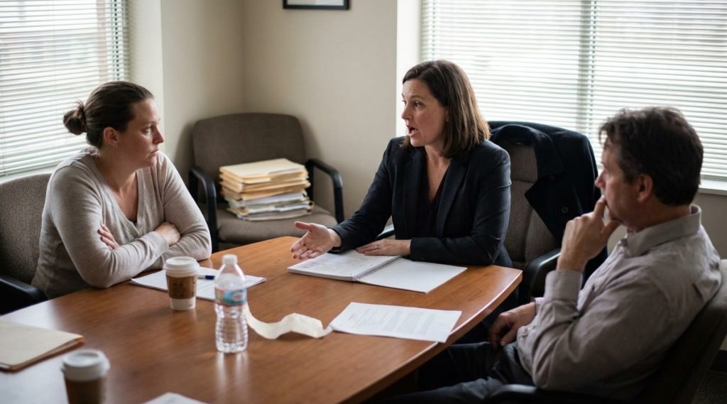 Three people meeting at a conference table with folders and coffee, explaining what divorce mediation is in Massachusetts