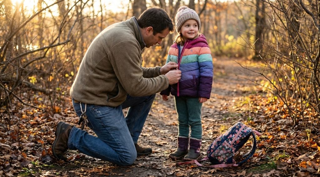 Father zipping his daughter's jacket on a wooded path among autumn leaves, representing divorce mediation with children