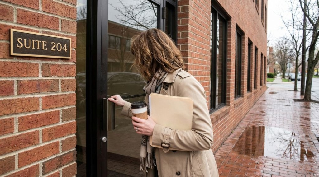 Woman unlocking a glass office door marked Suite 204 on a rainy morning, on what to expect at a first mediation session