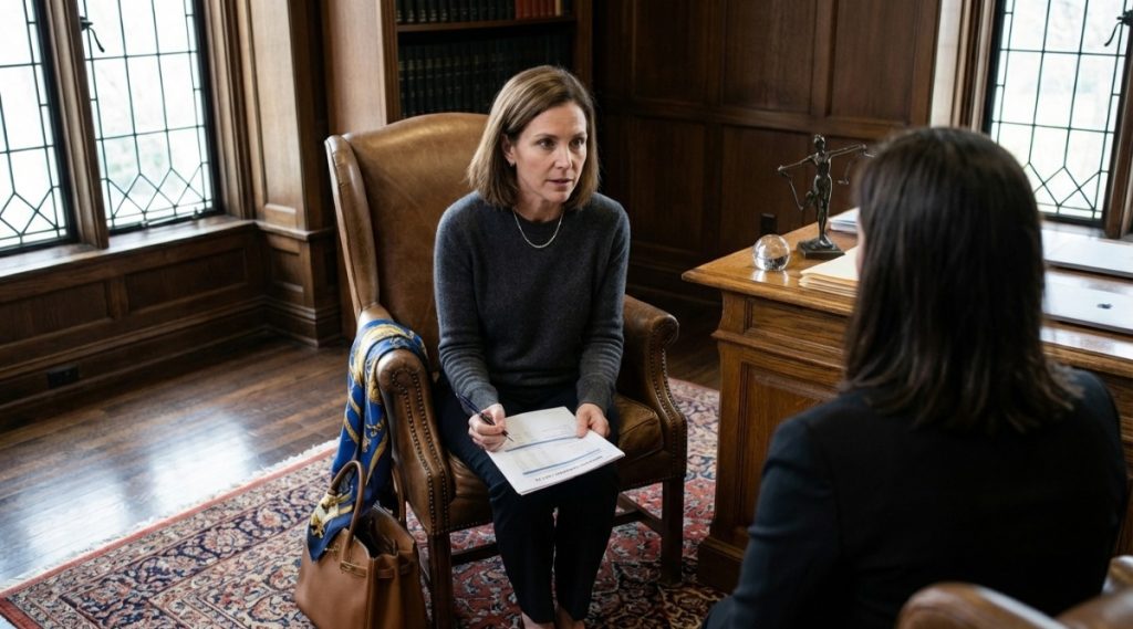 Two people meeting in a wood-panelled office with leaded-glass windows and a small scales of justice figure on the desk