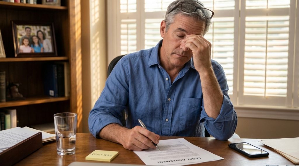 Man signing a document at his desk with a hand to his forehead beside a family photo, on mediating a high net worth divorce