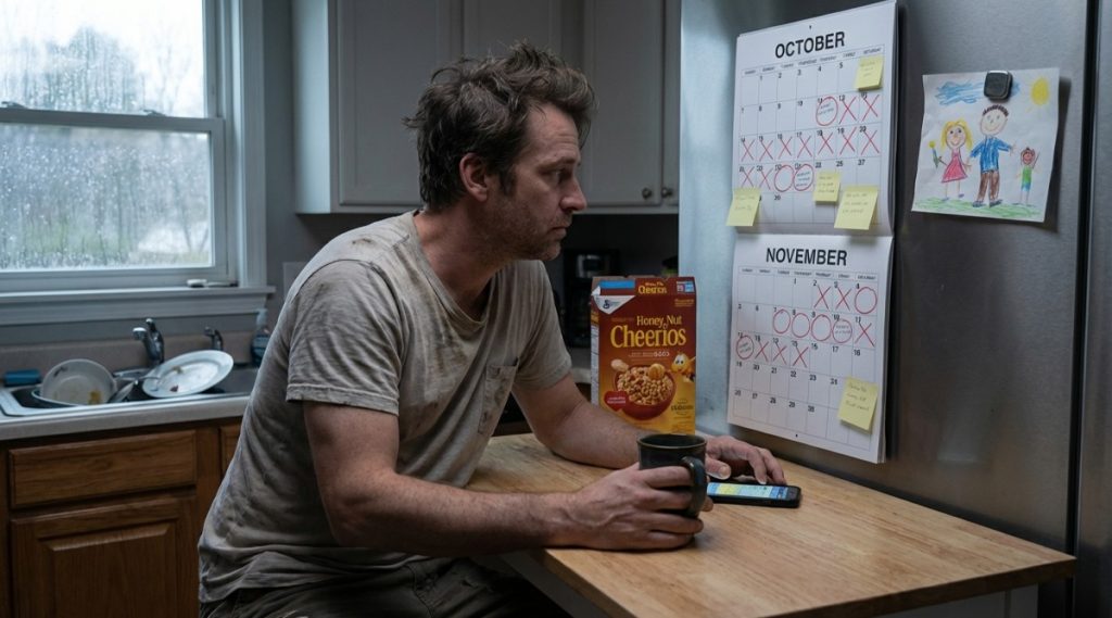 Man at a kitchen counter with a phone and coffee beside a calendar marked for October and November, snow outside the window
