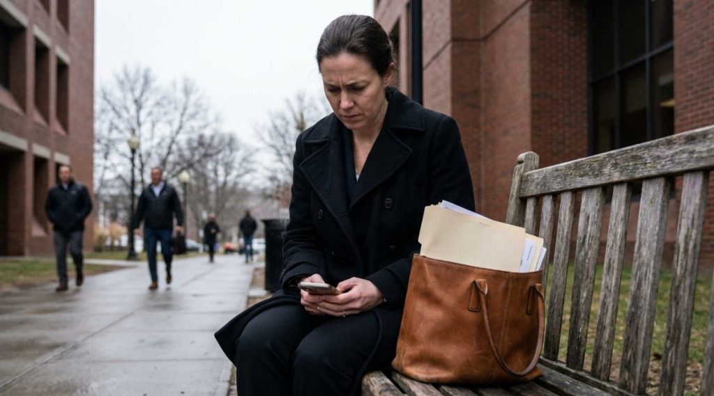 Woman waiting on an outdoor bench with a folder in her tote bag, weighing mediation against litigation