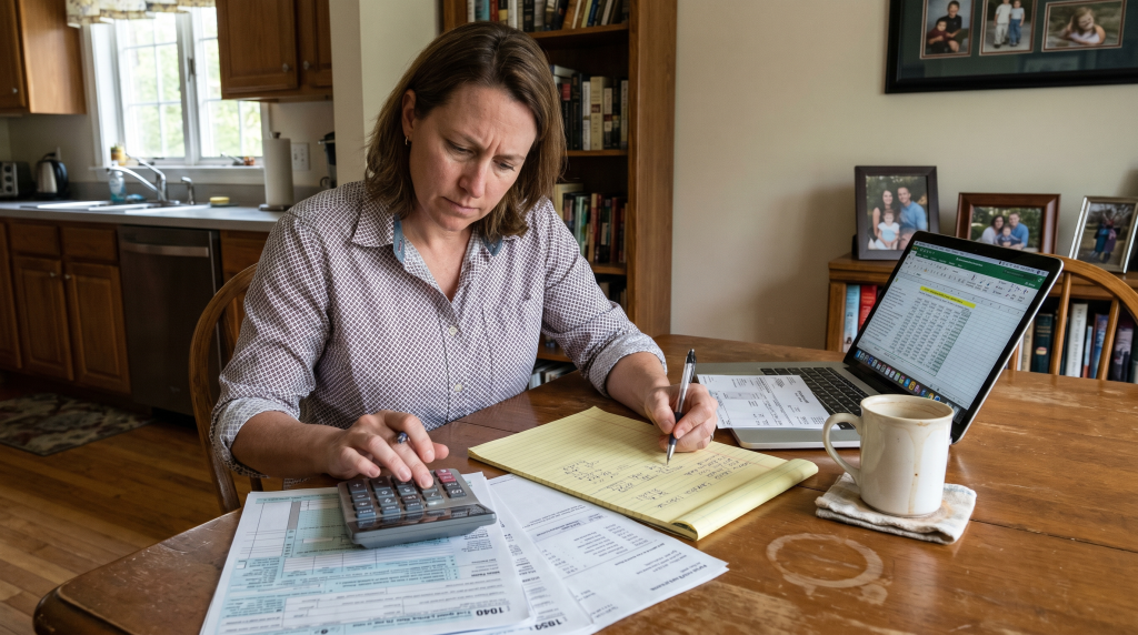 Massachusetts woman calculating alimony with tax forms, legal pad, calculator, and laptop at her dining table