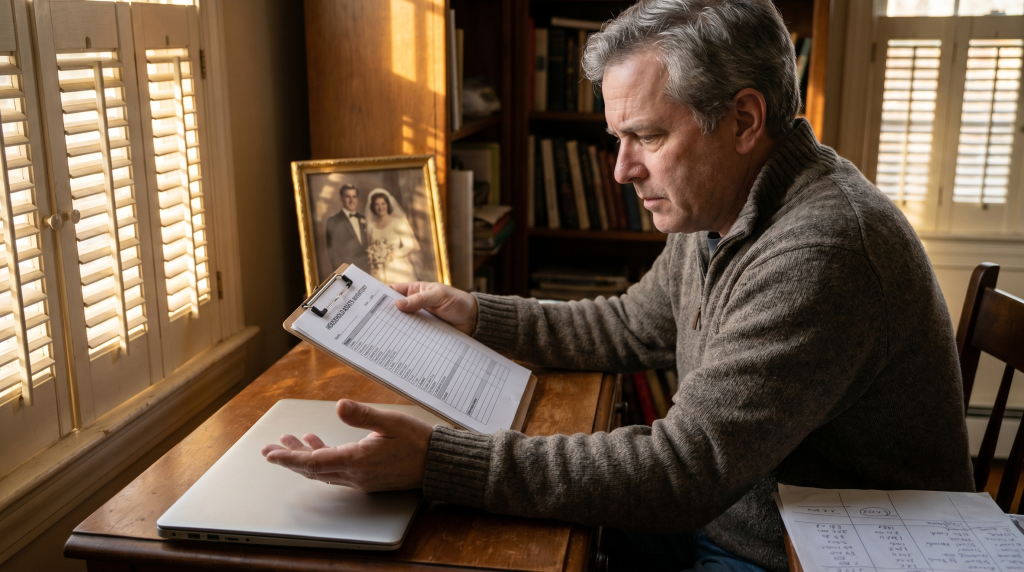 Man reviewing a Massachusetts equitable-distribution asset list on a clipboard at his home study desk