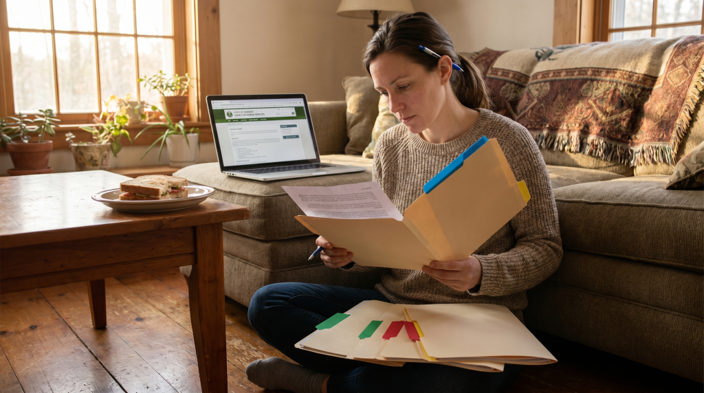 Woman comparing four types of Massachusetts alimony using color-tabbed folders in her living room