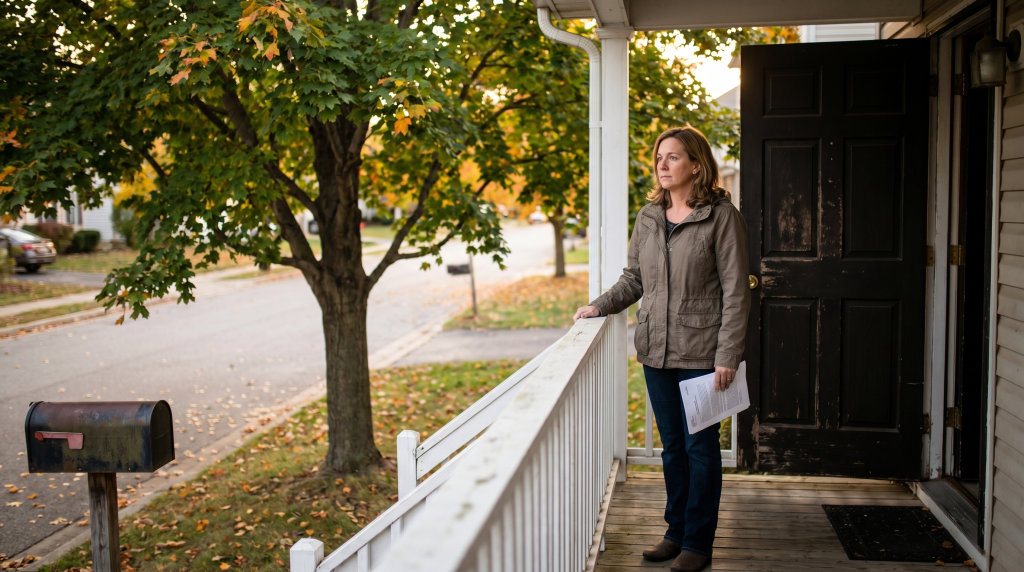 Woman on the porch of a New England colonial home considering options for the marital home in a Massachusetts divorce