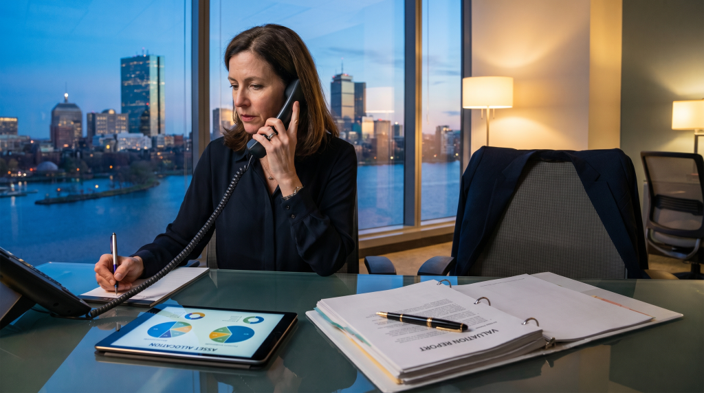 Massachusetts executive reviewing a valuation binder and asset-allocation tablet during a high-net-worth divorce