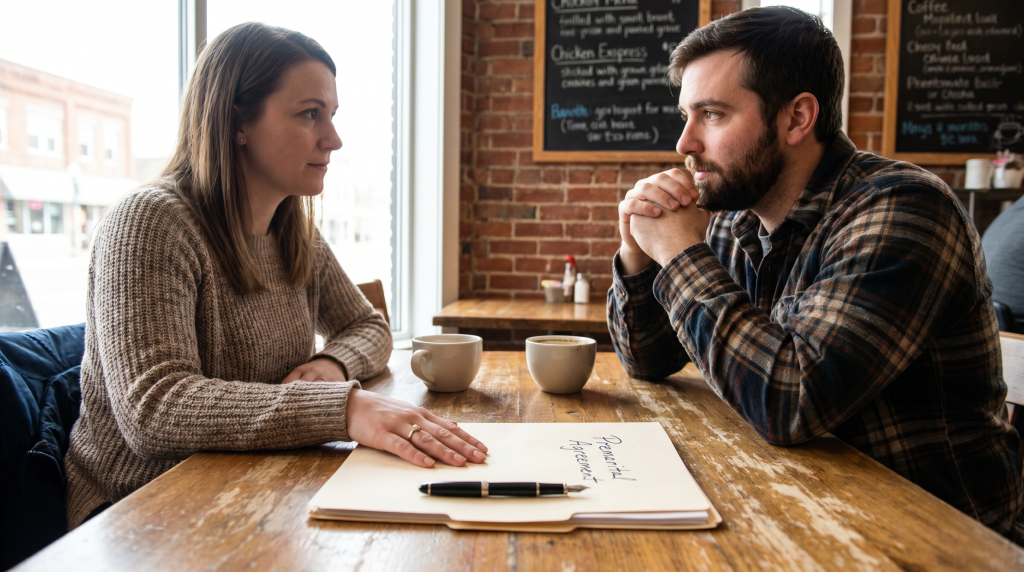 Engaged Massachusetts couple discussing a Premarital Agreement folder and pen at a small-town New England cafe