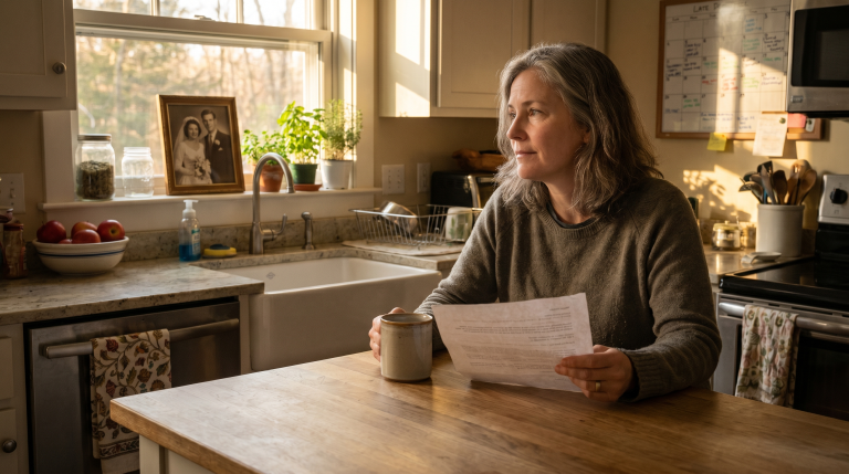 Married Massachusetts woman reviewing a postnuptial agreement at her kitchen island with a wedding photograph on the windowsill